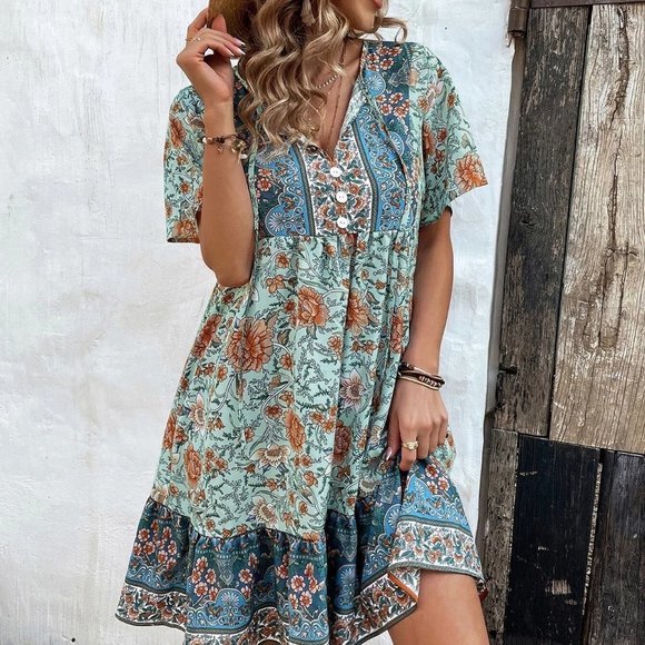 Multicolor Boho Womens Floral Print Tie Neck Smock Dress - Picture 1 of 5